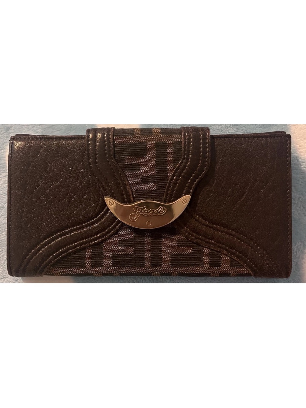 Fendi Brown Leather and Zucca Canvas Continental Wallet with Gold Plaque - Picture 10 of 13